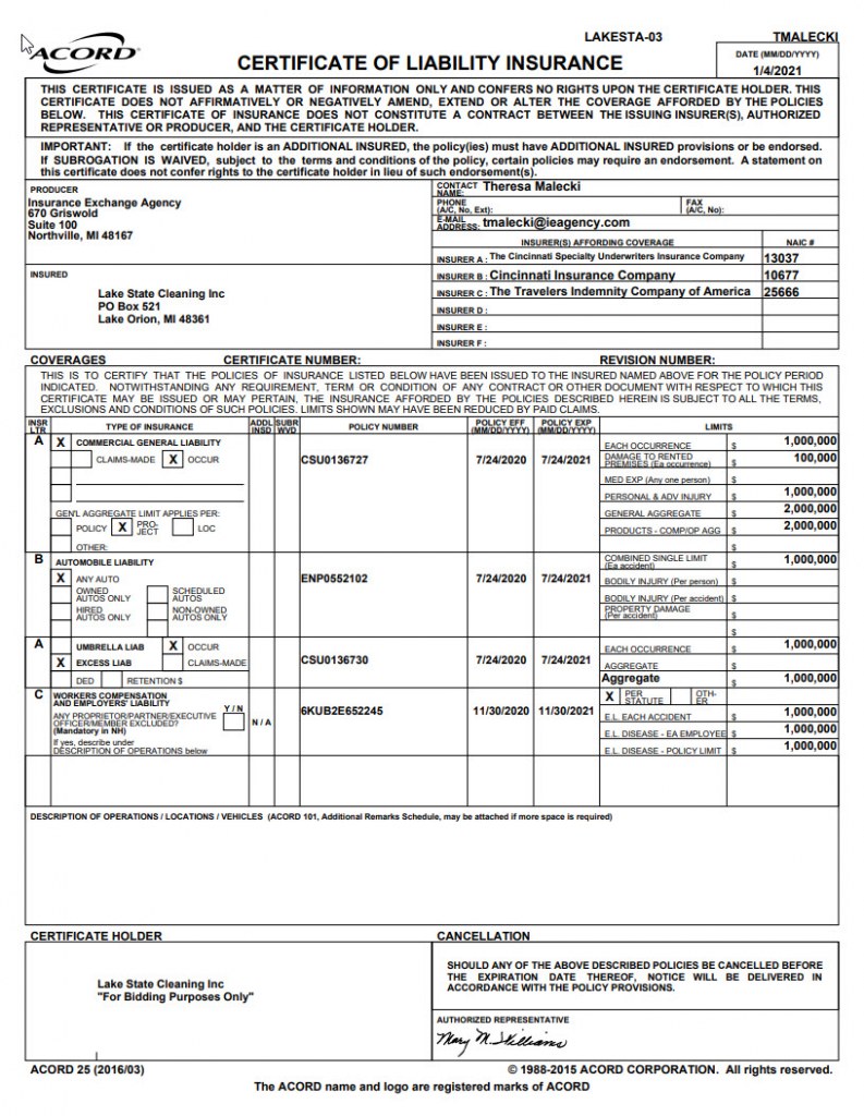 LSC 2021 Insurance Certificate | Lake State Cleaning